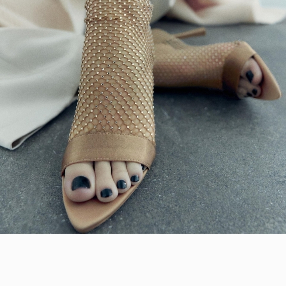 Elegant Tan Mesh Heeled Sandals